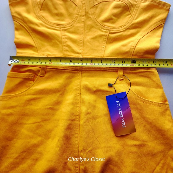 Yellow Denim Strapless Corset Midi Dress Sz. L | Y2K Stretch Denim Revival‎ - Picture 8 of 11